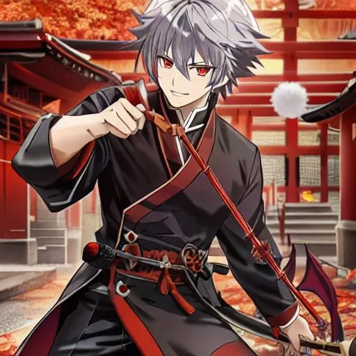 Prompt: Demon slayer style, male, fluffy grey hair, reddish orange eyes, smile, scar across eye, demon slayer corps uniform, black cloak with red maple leaf designs, standing in dojo