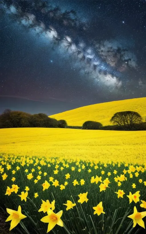 Prompt: Orion constellation, night sky, daffodils fields,  vivid colours, hi resolution 8k, photorealistic ar 9:16