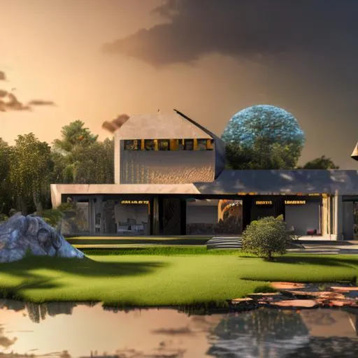 Prompt: modern design of beautiful detailed  2 story family house with a diamond and copper roof and intricate and artistic congolese minerals details with elements of modernised precolonial Congolese inspiration kinshasa, volumetric natural light wakanda style, cinematic light, ultra realistic, vray, far view, perspective landscape