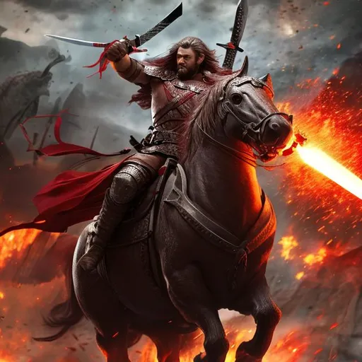 Prompt: A 33 year old man on a red horse with a great sword. He brings war and destruction to the world. Photorealistic.