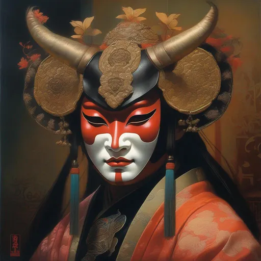 Prompt: ""Gorgeous Portrait of a Kabuki Oni Mask" : artwork By Joe Fenton, Alejandro Burdisio, Greg Tocchini, Jean Baptiste Monge : highly detailed : hyperrealistic : Splash art : volumetric lighting : Portrait in colors""""