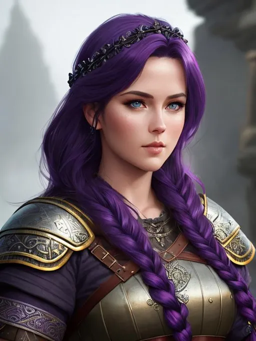 Prompt: create most beautiful fictional female viking princess warrior, dark purple hair, extremely detailed environment, detailed background, intricate, detailed skin, professionally color graded, photorealism, 8k, moody lighting