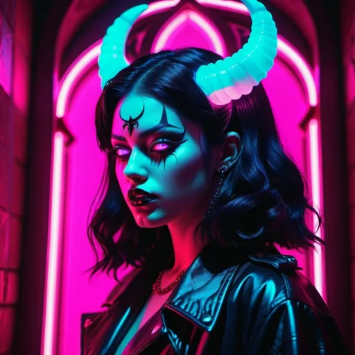 Prompt: demon, hell, demonic, gothic, vaporwave, retro, neon, aesthetic, liminal, high quality, high definition, beautiful, dramatic lighting