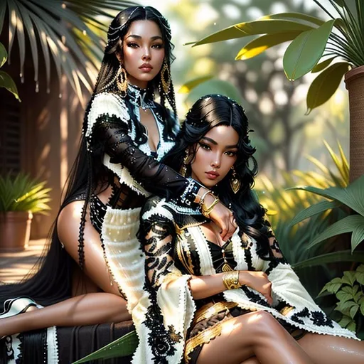 Prompt: Two Woman, black hair, art comic, length fawn hair, plants background, 8k, HDR, best quality, ultra-detailed, Intricate details, details lips, details hair, detail body, looking at viewer, shadow, Light reflection on the skin, wet skin, Masterpiece, skinny, natural lighting realistic
