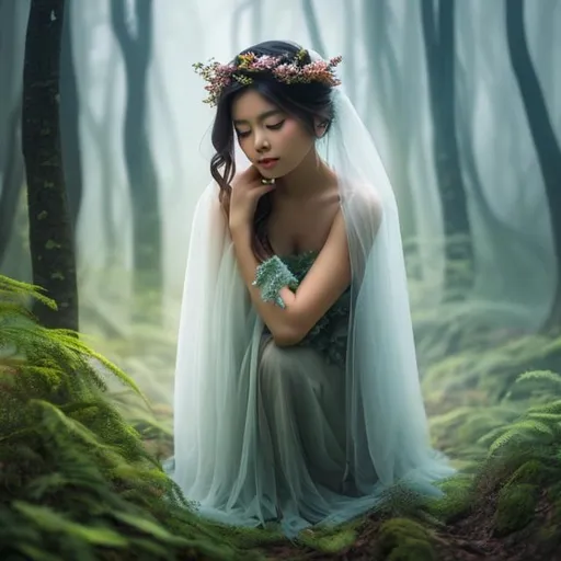 Prompt: a beautiful girl in A mysterious forest shrouded in mist, revealing glimpses of mythical creatures and hidden messages