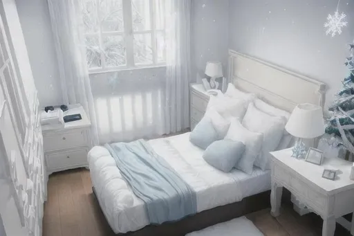 Prompt: Bedroom, white bed, light blue walls, snowflakes, snow lights, white desk, windows, light blue pillows, 