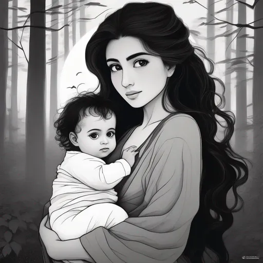 Prompt: highest quality anime art masterpiece, digital drawing, Azerbaijani woman with long black thick wavy messy hair:vistani, carrying a bald headed shaved trimmed newborn baby boy in her arms, round face, broad cheeks, sad in a forest on a dark foggy night, big brown eyes, tanned skin:2, waxing moon, huge long wide broad hooked greek aquiline algerian oriental arabic nose, flat chest, ethereal, jewelry set, highres, realistic, highly detailed, fantasy, gypsy, roma, D&D, Ravenloft, by Ilya Kuvshinov