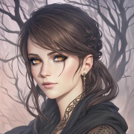 Prompt: {{{highest quality concept art masterpiece}}} dark fantasy,
digital drawing, photo realistic, gypsy, vistani, tan, brown eyes, short hair,
mists, night