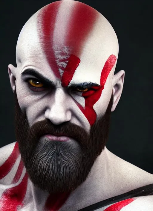 Prompt: Portrait of Kratos with no hair and with beard, snow background, perfect composition, hyperrealistic, super detailed, 8k, high quality, trending art, trending on artstation, sharp focus, studio photo, intricate details, highly detailed, 