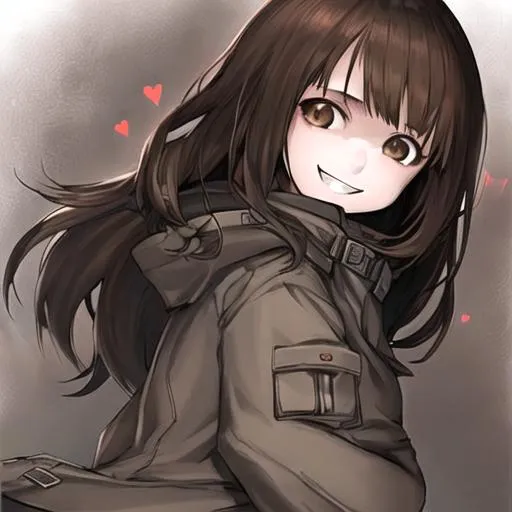 Prompt: pale 14 year old girl perfect dark brown eyes slightly baggy jacket long brown hair nervous questioning smile making heart with hands