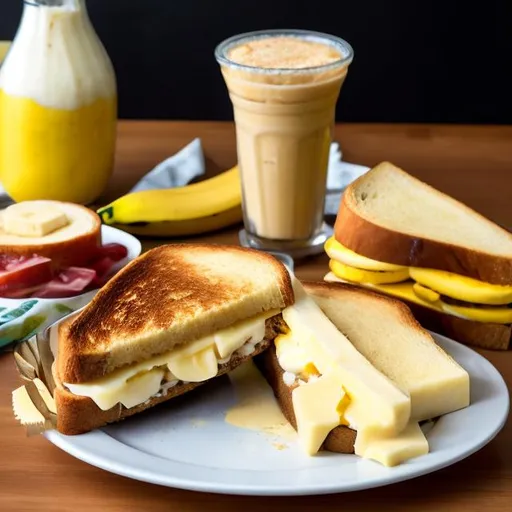 Prompt: seductress banana cheese sandwich on toast with cheese milkshake on a table made out of banana and cheese