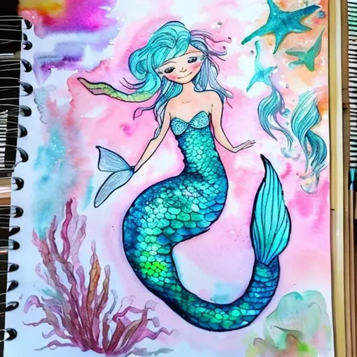 Prompt: One mermaid. Kids drawing style with watercolours finish. Pink and pastels. Glitters. Aquatic plants.