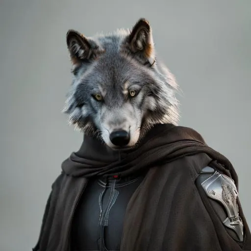 Prompt: A standing wolf with a black cloak with two shotel swords