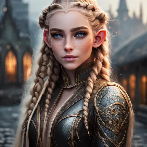 Prompt: Realistic, High Resolution, High Elf, Cleric, Blonde Hair, Green Eyes, Female, Light Tan, Full-body, Long Hair, Braids In Hair, Light Freckles On Cheeks, Natural Makeup, Medium Armor, Leather Armor, Elven City Background, Divine Magic, Beautiful Face, masterpiece, best quality, super detailed, high resolution, very detailed, 8k uhd, realistic, (natural light), amazing, fine detail, best, high quality, RAW photo, Fighting stance, wielding a lance, Hair jewelry.
