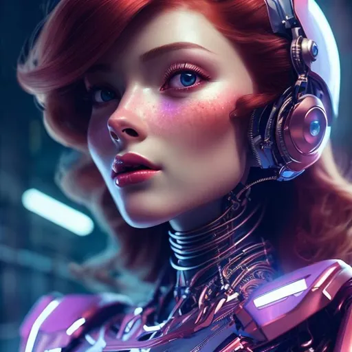 Prompt: a beautiful robot red head woman, feminine look, full body retro like, octane rendered 4k, hyperrealism, highly detailed, futuristic look, cinema 4k, lots of details, blue and purple background with stars, epic look, portrait 9:16