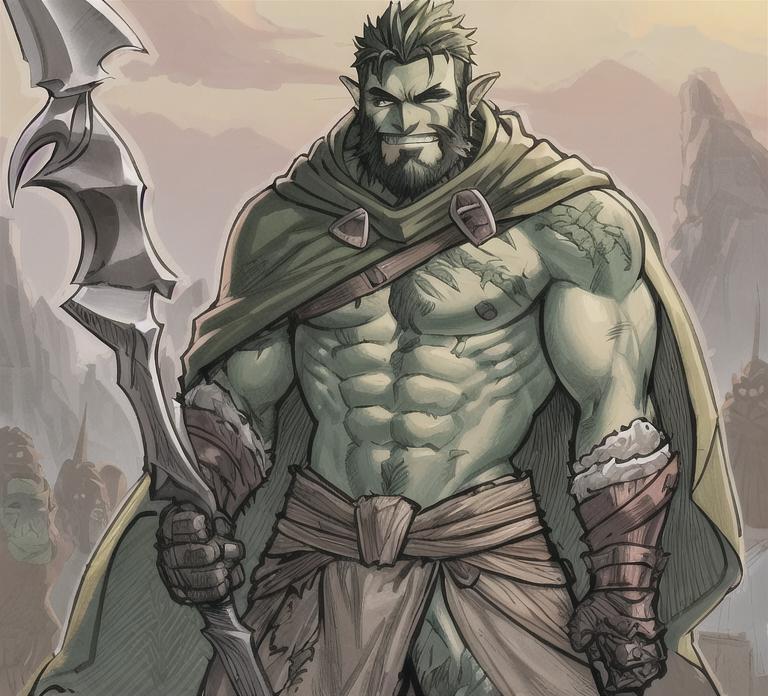 Bearded green skin half-orc shirtless in hood and ca... | OpenArt