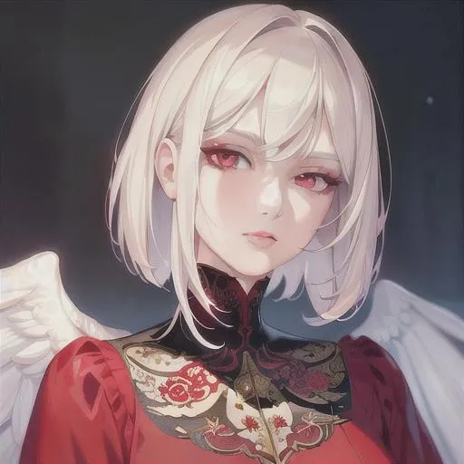 Prompt: (masterpiece, illustration, best quality:1.2), short trimmed white hair, angelic red eyes, wearing red nightgown, best quality face, best quality, best quality skin, best quality eyes, best quality lips, ultra-detailed eyes, ultra-detailed hair, ultra-detailed, illustration, colorful, soft glow, 1 girl