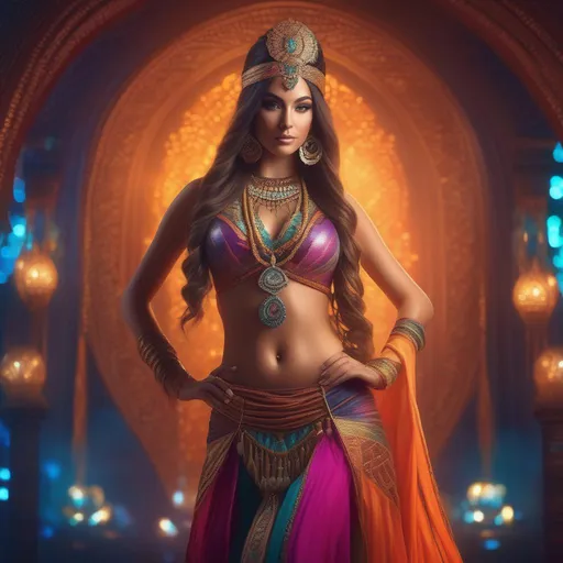 Prompt: Gorgeous, stunning, beautiful, otherworldly goddess with long braided hair wearing a body chain and belly dancer costume, full body, centered, fantasy setting, cinematic, colorful background, concept art, dramatic lighting, highly detailed, hyper realistic, intricate sharp details, octane render, smooth, studio lighting, trending on art station