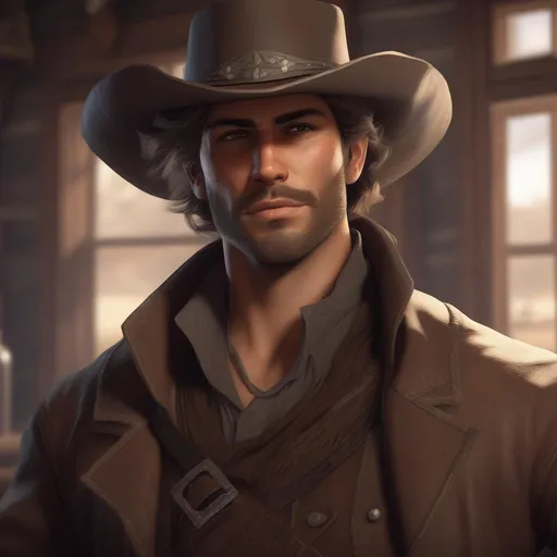 Prompt: DND a male western cowboy with short messy brown hair with grey streaks and stubble in a saloon