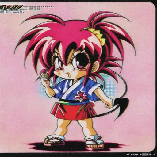 Prompt: aesthetic, chibi, cool, character mascot, palm tree, angel, devil, scan lines, retro, japan, tokyo, 80s