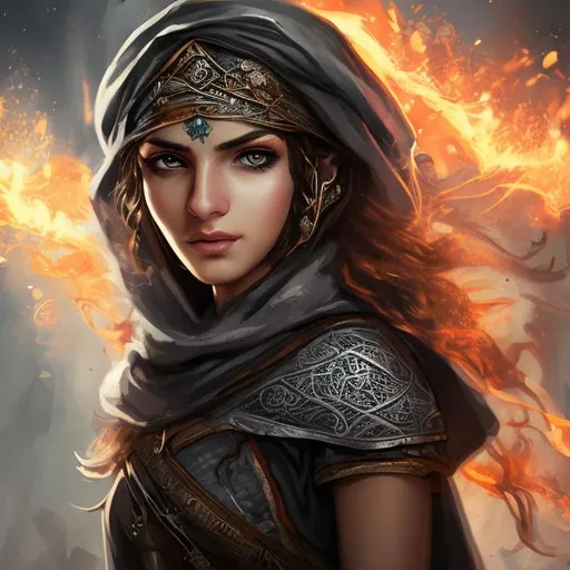 Prompt: photorealistic portrait of a good looking intelligent arabian young woman, black mage, honourful, adventurer, scholar, black eyes, medieval fantasy setting, the inner of a serail, fire lighting
