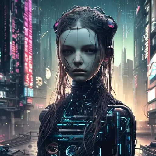 Prompt: Bellmer doll with long hair on the head dark cyberpunk in a  futuristic city background. Very hyperrealistic image.