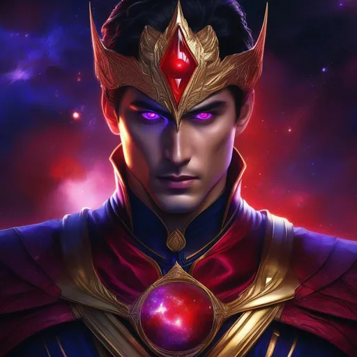 Prompt: fantasy, digital painting, homelander from the show the boys, horror, sharp focus, highest quality, masterpiece, intricately hyperdetailed, ultra-realistic, UHD, epic dark fantasy, D&D, Abyss, lots of red and purple , handsome, mysterious, eyes must be glowing red, galaxy, pendant on chest glowing, Low colar