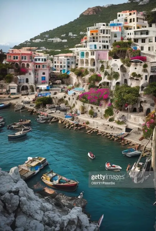 Prompt: City built into a rock that sticks out of the ocean with flowers, lines drying clothes, woman making yogurt, neighbors riding bikes and boats in t...