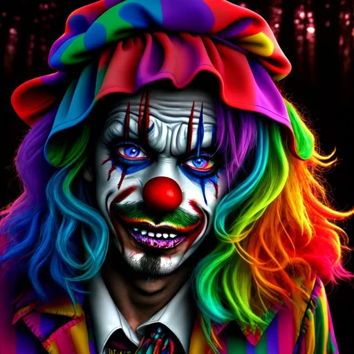 Prompt: Psychedelic, twisted, Psychotic deranged Crazy 3D HD Tragic Bum filthy {Clown}Male, hyper realistic, 4K expansive forest background --s99500