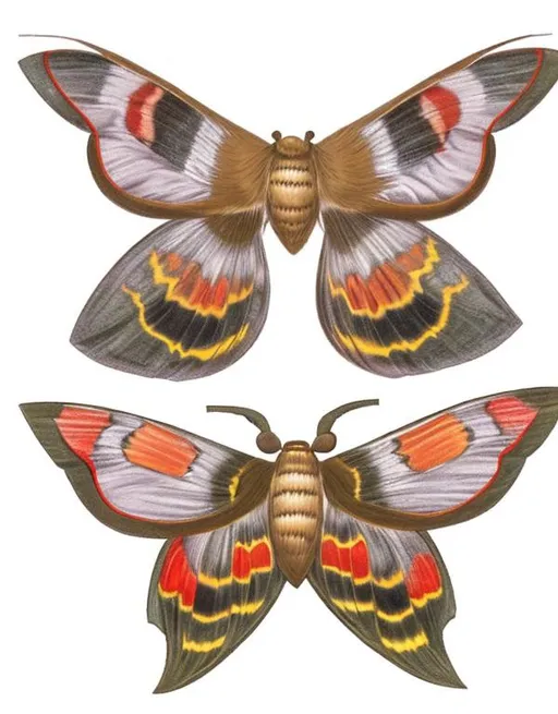 Prompt: create me a diagram of 5 different species of moth showing the moth itself and then it’s name underneath 