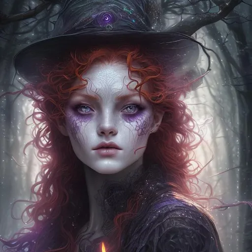 Prompt: Detailed and mystical portrait of a young beautiful witch with ivory clear skin, long red fiery hair and deep purple eyes. Perfect female anatomy and gorgeous, night light, dramatic, magical, fantasy, 8k, high detailed, dramatic light