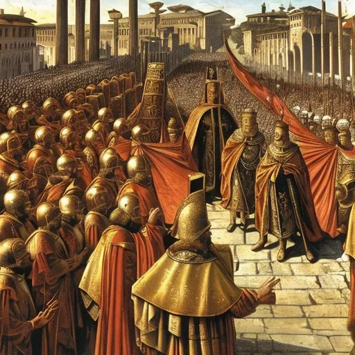 Prompt: Emperor Heraclius I enters in Rome and reinstaurate the Roman Empire