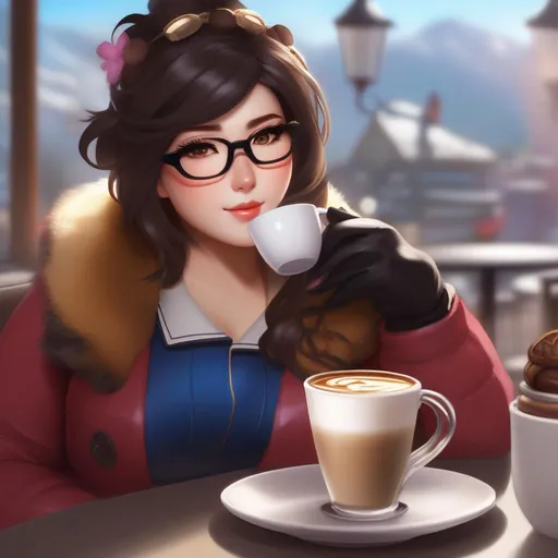 Prompt: thick Mei from Overwatch, drinking coffee at cafe's table digital painting, concept art, artstation by Sakisakimi