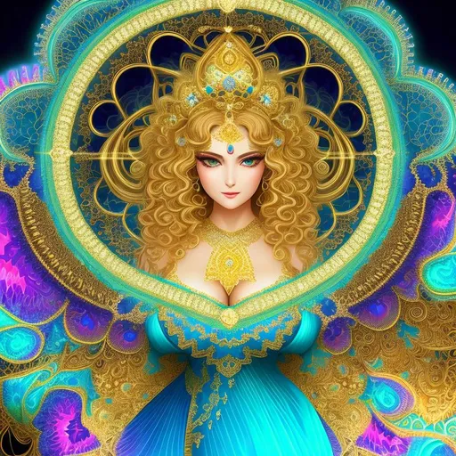 Prompt: A hyper detailed julia sets mandelbrot and (z² + c + (z² + c)) / (3z³ + c) formula in fractal mathematics inside full body fractal detailed impossible beautiful mature  woman, detailed beautiful face, golden silk, wearing vaporous diamantine night lacy dress, discrete make up, glowing up, large curly rainbow color fractal balayage hair
