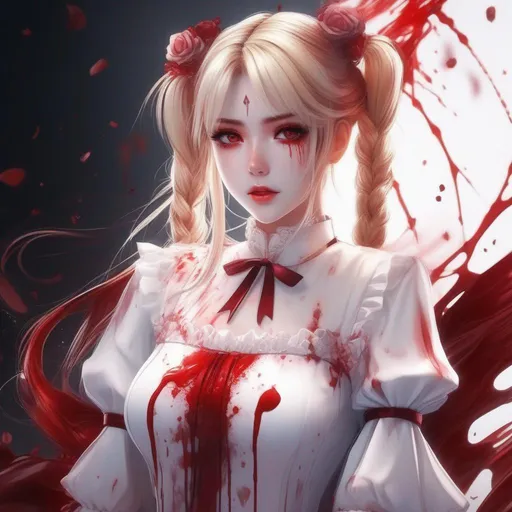 Prompt: 3d anime woman covered in blood blonde pigtails hair and white dress covered in blood and beautiful pretty art 4k full HD