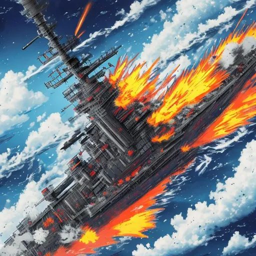 Prompt: IJN Musashi Sinking Explosions in Acrylic