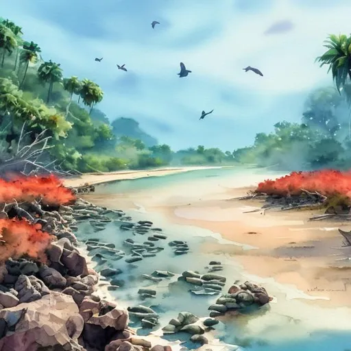 Prompt: Dawn over a lush mangrove shoreline with rocks, sand, corals, birds, fishes, crabs, and wildlife in watercolor