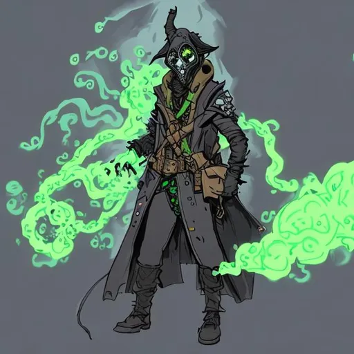 Prompt: a male dnd character that uses gas and poison attacks, long black trench coat, and a black gas mask, gases swirling around