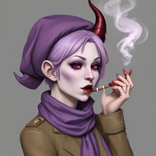 Prompt: A pale purple skinned tiefling, she is wearing a red scarf and beret. She has small horns and a tail. She smokes cheap cigarettes and has a purple accent