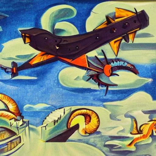 Prompt: A flying Vehicle in a futuristic world being chased by dragons in the style of Picasso 