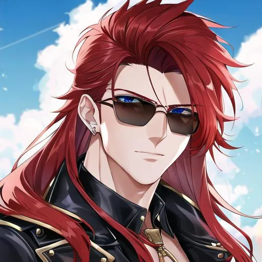 Prompt: Zerif 1male (Red side-swept hair falling between the eyes, sharp and sassy blue eyes), highly detailed face, 8K, Insane detail, best quality, UHD, handsome, flirty, muscular, Highly detailed, insane detail, high quality. black sunglasses resting on his head, gold jewelry, movie star, hollywood, wearing a black leather jacket, tight grey pants, at a photoshoot