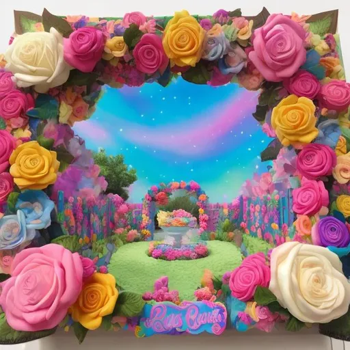 Prompt: Lisa frank style rose garden diorama