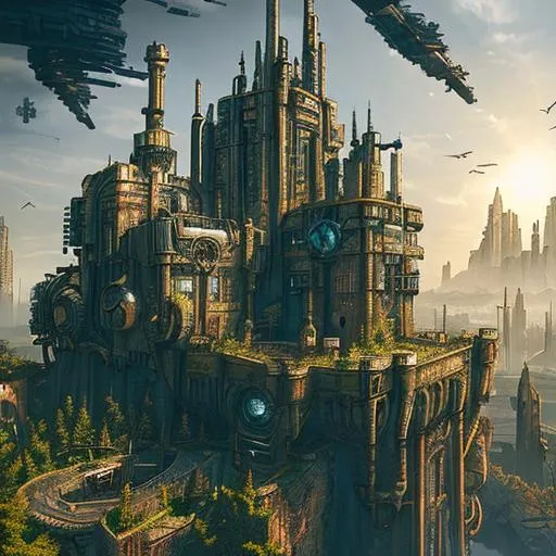 cyberpunk, steampunk, solarpunk, hd, hdr, castle, wi...