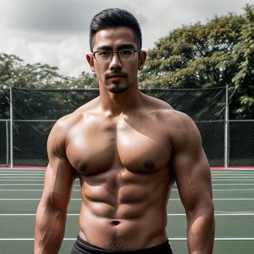 Prompt: beautiful adult Indonesian college guy, hairy chest, pubic hair, wearing clear glasses, facial hair, military crew cut, in tight outfit, outside on track field, ((slim, muscular)), photorealistic, photo, masterpiece, realistic, realism, photorealism, high contrast, photorealistic digital art trending on Artstation 8k HD high definition detailed realistic, detailed, skin texture, hyper detailed, realistic skin texture, armature, best quality, ultra high res, (photorealistic:1.4),, high resolution, detailed, raw photo, sharp re, by lee jeffries nikon d850 film stock photograph 4 kodak portra 400 camera f1.6 lens rich colors hyper realistic lifelike texture dramatic lighting unrealengine trending on artstation cinestill 800,