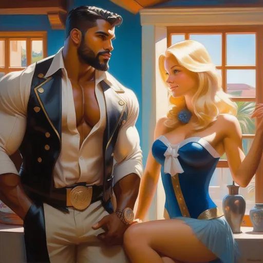 Prompt: Buff Dominican gigachad meets cute blonde American girl, 2050, cartoony style, extremely detailed painting by Greg Rutkowski and by Henry Justice Ford and by Steve Henderson 