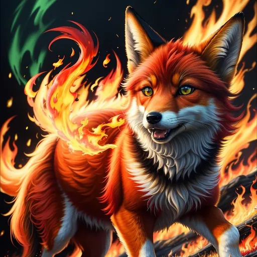 Prompt: (8k, 3D, UHD, highly detailed, hyper detailed, masterpiece, detailed oil painting) portrait of [fire elemental] ((fox)), (canine quadruped), adolescent, silky crimson-red fur, {yellow-green eyes}, 8k eyes, youthful, lively, lithe, bounding, {black fur highlights}, sharp focus, cinematic, vivid colors, brilliant colors, long silky hair on crest, slender, umber red mane, beautiful charming mischievous grin, wispy brown ears, wispy ruby-red mane flowers on fur, snow-capped trees, (rows of pink blossoming sakura trees), snow on fur, forest, silky bushy tail, billowing mane, professional, unreal engine, dynamic, intricate detail, intricately detailed fur, highly detailed face, best quality, highly detailed mouth, 4k, 16k, 64k, HDR, unreal 5, artstation, deviant art, instagram, trending,