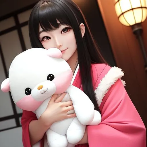 Prompt: A life-sized living plushie of a gorgeous Japanese female model aged 23, with a stunning appearance and a gorgeous body. She stands at 5ft 2in, and is covered in soft, fluffy fur that begs to be touched. Her eyes are large and expressive, and her smile is infectious. She is dressed in a cute and colorful outfit that perfectly matches her playful personality.