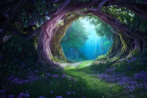 Prompt: 8k resolution, hyper-realistic, professional scenic photograph, landscape forest with a small purple fairy portal zoomed out