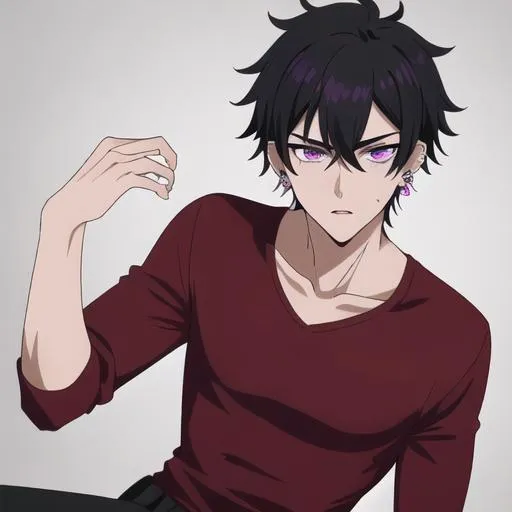 Prompt: Male young adult, 19, (Short black hair falling between the eyes, sharp and tired purple eyes, and a feminine body), red shirt untucked, black pants, sloppily dressed,  Black piercings, highly detailed face, 8K, Insane detail, best quality, UHD, highschooler, handsome, flirty, 