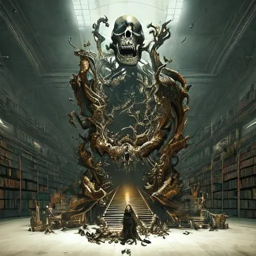 Prompt:  A death metal band in the middle of a library for no reason